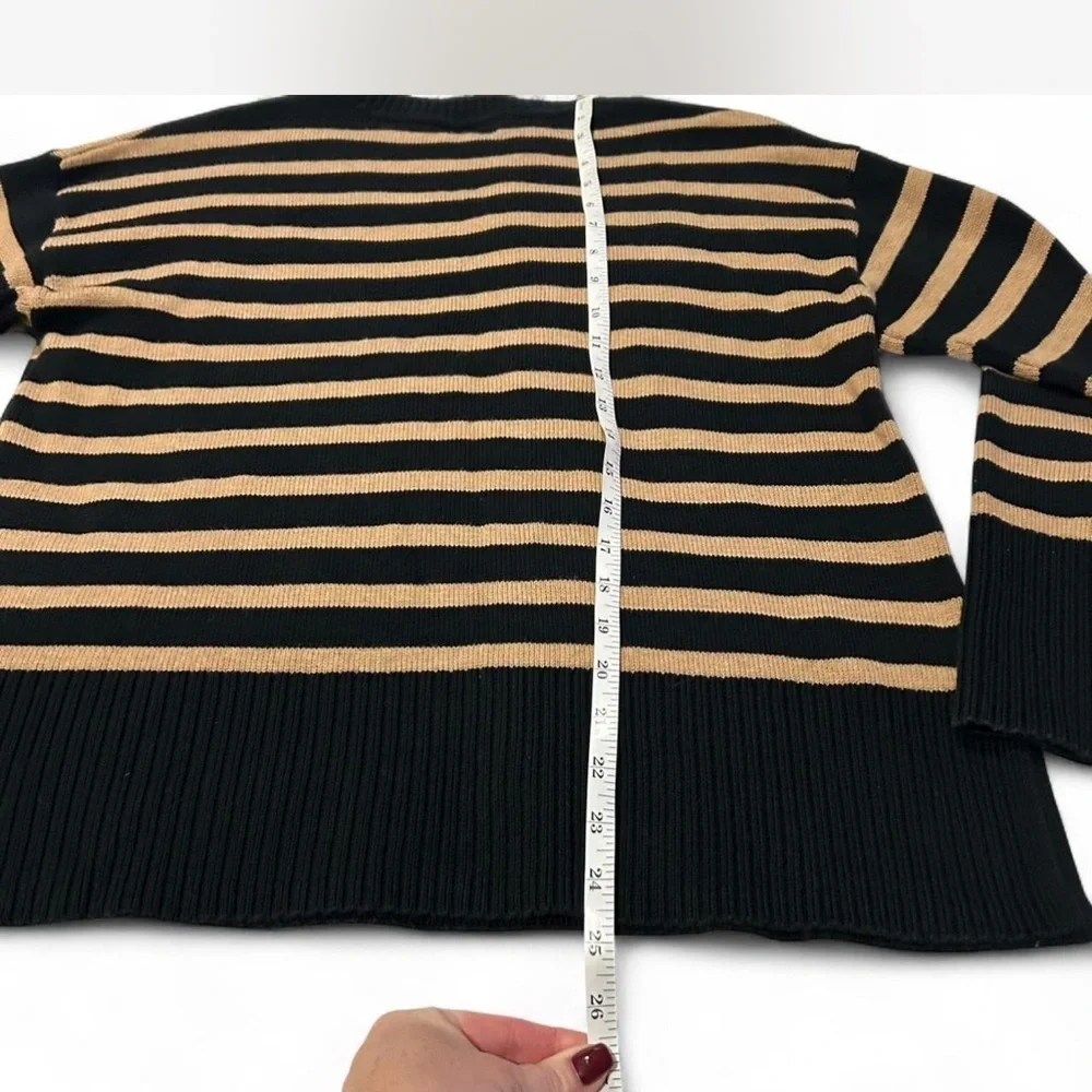 |J.Crew| Black Tan Striped Crewneck Relaxed Sweater 100% Cotton Woman's Small